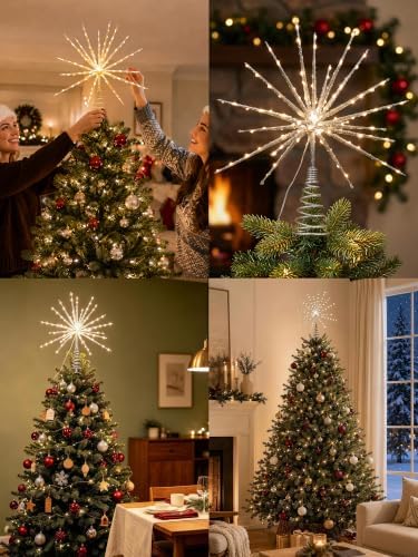 BrizLabs Silver Christmas Tree Topper Star, 14 in 8 Modes Lighted Starburst