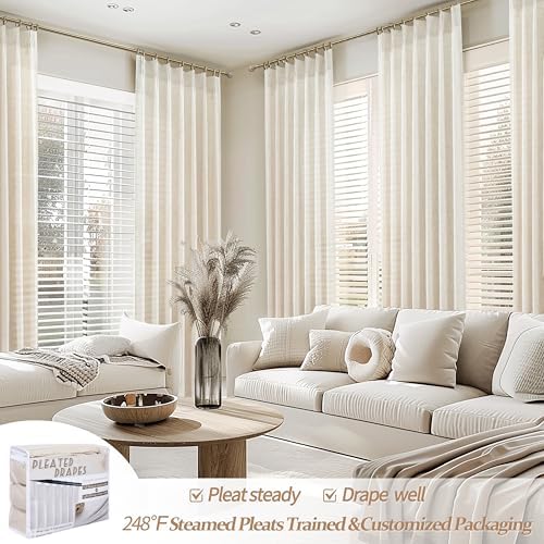 PleatedDrapes Extra Long 120 Inch Living Room Curtains, Ivory Beige Textured Flax Linen Back Tab Pleated Tall Sheer