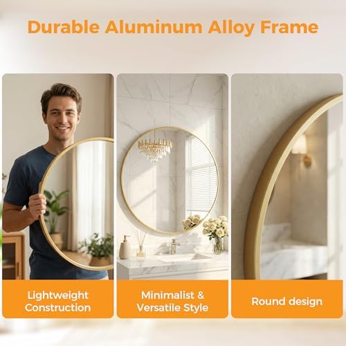 30 Inch Gold Round Bathroom Wall Mirror, Round Mirrors for Wall Decor, Circle Mirror for with HD Shatter-Proof Glass