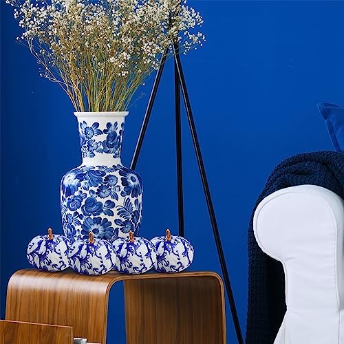 Winlyn 12 Pcs Small Fabric Decorative Blue and White Pumpkins Chinoiserie Chic Foam Pumpkins 3" for Gifts Fall Wedding Halloween Thanksgiving Table Centerpiece Mantel Farmhouse Décor
