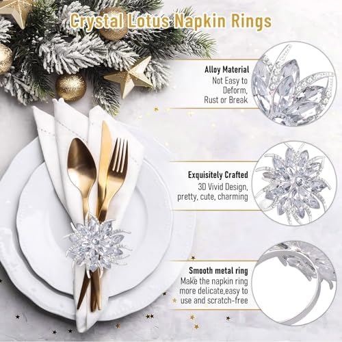 Legigo Set of 12 Christmas Lotus Flower Napkin Rings Set for Dinning Table Setting- Silver Rhinestone Xmas Winter Napkin Ring Holders for Cloth Napkins, Christmas Holiday Party Dinner Table Decoration