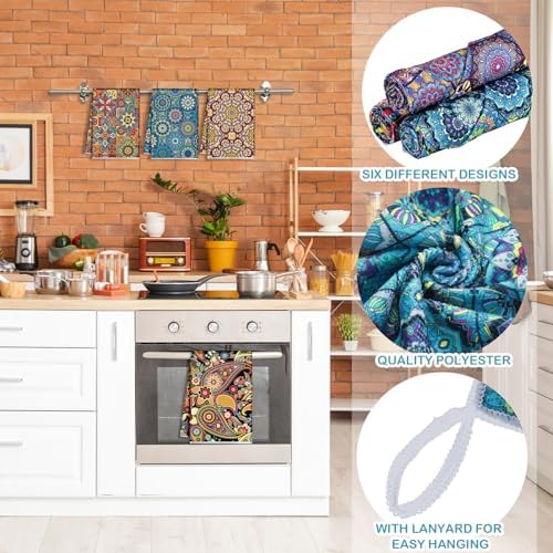 Redbaker 6 Pcs Boho Kitchen Towels, Mandala Absorbent Dish Towels