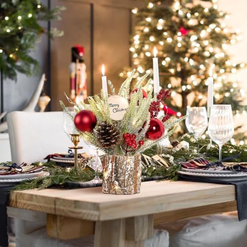 Small Table Top Christmas Tree with Lights, Mini Christmas Tree Decorations with Merry Christmas Pine Cones Berries Balls Ornaments for Home Party Office Centerpiece Indoor Decorations 12Inch, Red