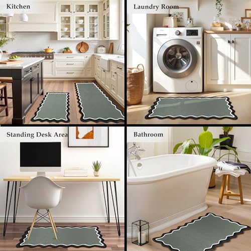 Arenarug Scalloped Kitchen Mats for Floor, Black Gray Kitchen Rugs Set of 2