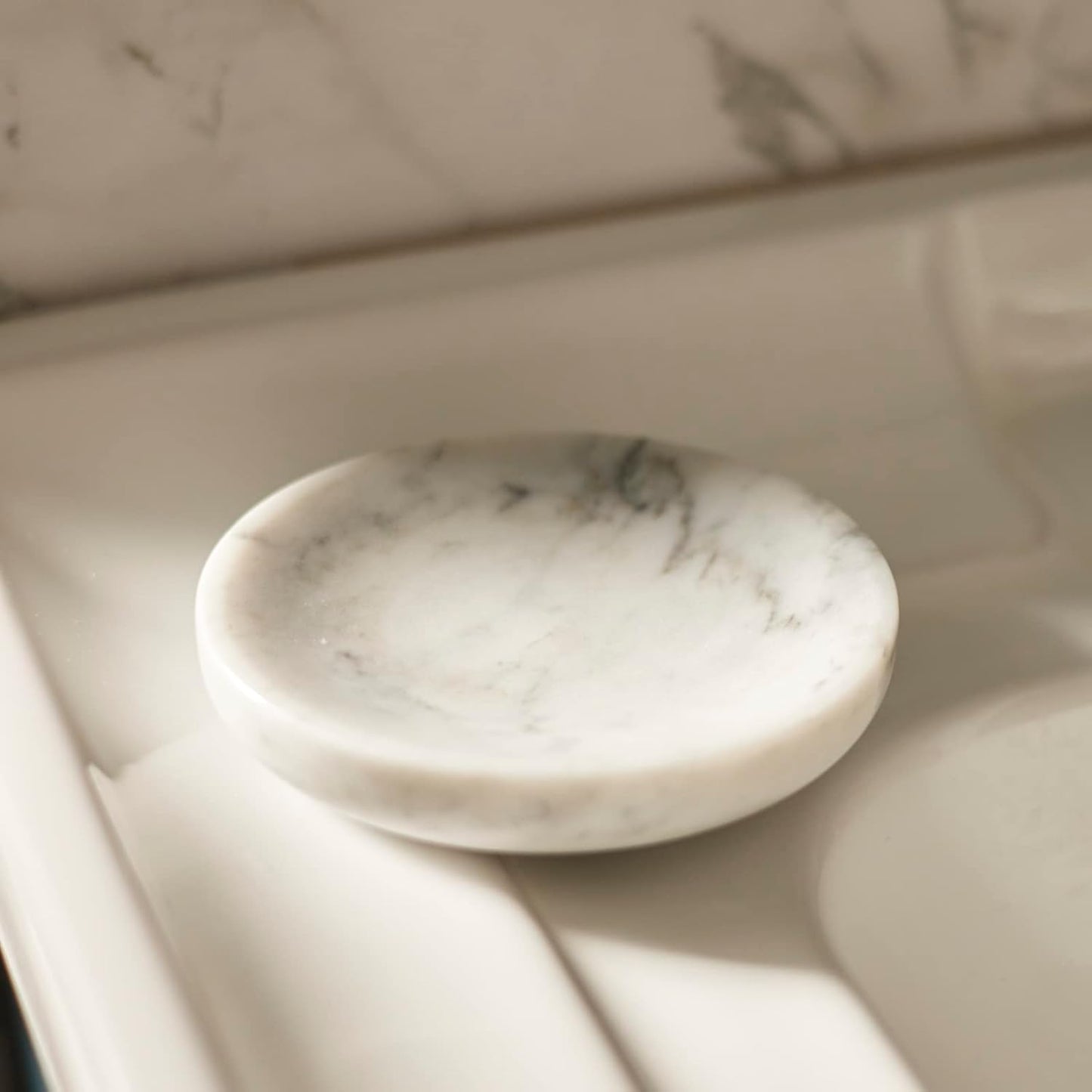 Jewelry Holder / Trinket Dish Tray / 4" R / Bianco Carrara White