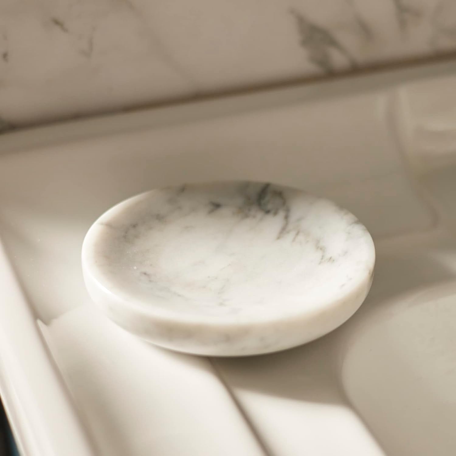 Jewelry Holder / Trinket Dish Tray / 4" R / Bianco Carrara White