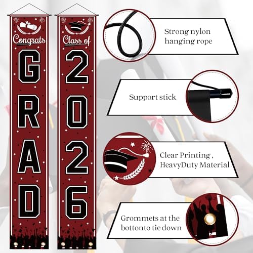 OHOME Graduation Decorations 2026 2027- Maroon Congrats Grad Porch Banner for Graduation Party Decorations - Class of 2026 - Party Favors Supplies Backdrop Yard Signs Decor