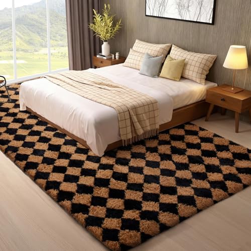 Ophanie 8x10 Black & Beige Diamond Checkered Rugs for Living Room Bedroom,Large Rhombus Fluffy Soft Fuzzy Area