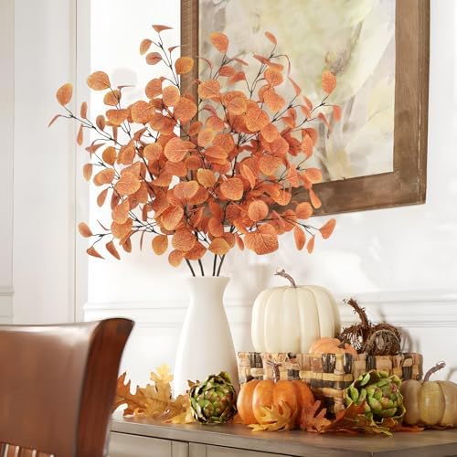 16Pcs Artificial Eucalyptus Leaves Stems 33.8‘’ Eucalyptus Branches Fake Poinsettia Flowers Faux Plants for Home Table Fireplace Party Wedding Thanksgiving Décor
