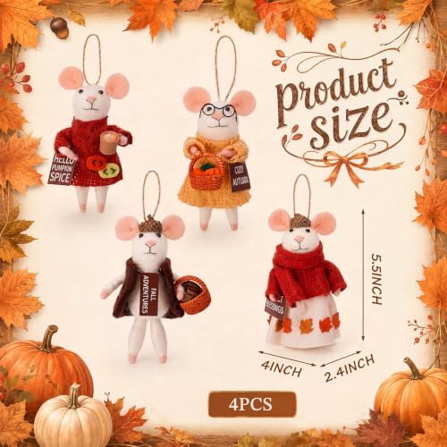 Hahafelt 4 Pcs Fall Felt Mice Ornaments Set Autumn Handmade Wool Mouse