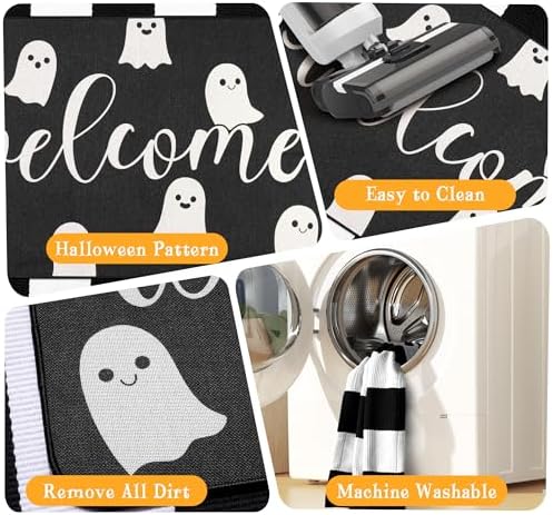 Halloween Door Mat Set, Ghost Welcome Rug with Black White Stripe Runner