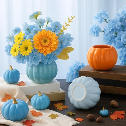 3 Pcs Ceramic Pumpkin Vase 5.5" White Orange Blue Pumpkin Decor Fall Vase