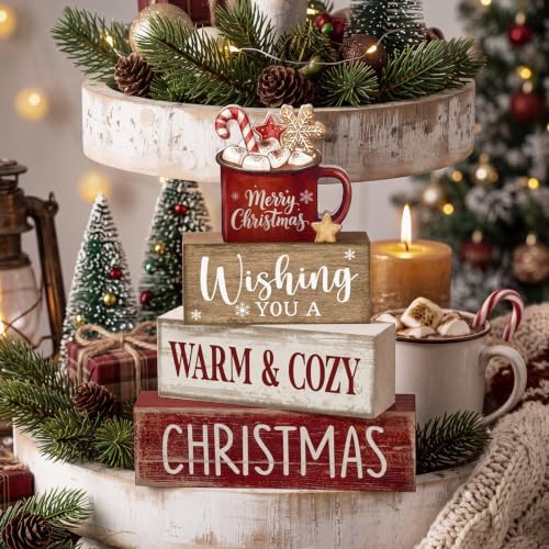 Moucuny 4 Pcs Christmas Coffee Table Decor for Home Kitchen, Wooden Cocoa