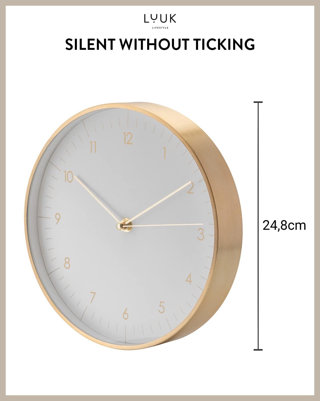 Modern Silent Quartz Wall Clock, 10in, White & Gold | Designed in Germany, Simple & Elegant, Non-ticking, Analog