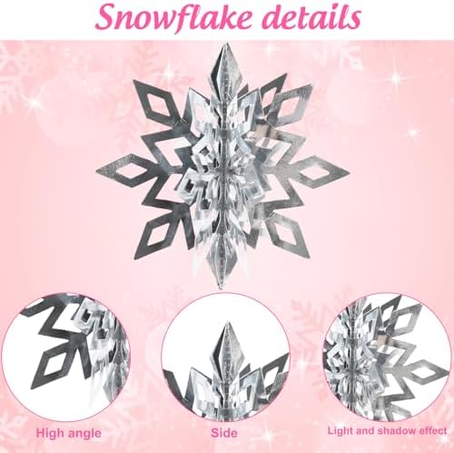 Whaline 18 Pcs Christmas Hanging Decorations 3D Pink Silver Snowflake Hanging Ornaments with String Glittery Large Snowflake Pendant Garlands for Xmas Winter Wonderland Party Home Ceiling Decor