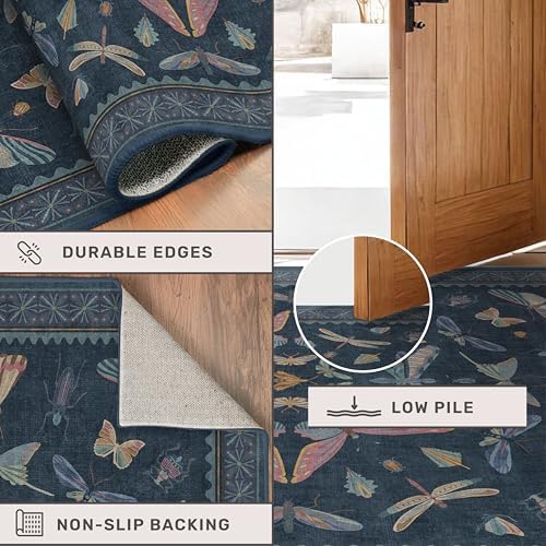 Blue 5x8 Washable Living Room Rugs - Stain Resistant Non Slip Insect Rug for Dining Room, Low Pile & Soft Carpet for