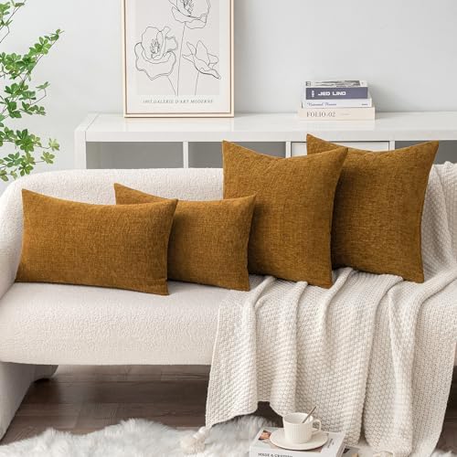 MIULEE Soft Chenille Throw Pillow Covers Mustard 20x20 Inch Pack of 2