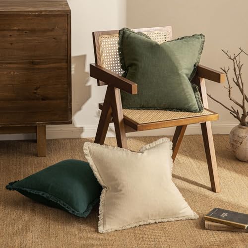 MIULEE Linen Fringe Decorative Euro Throw Pillow Covers Olive Green 28x28