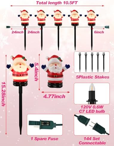 10.5FT Christmas Pathway Lights, 5PK LED Welcome Santa Yard Stake Lights