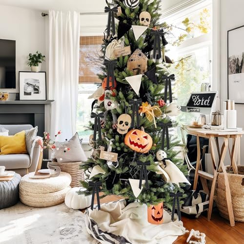 Hongsome 12Pcs Black Velvet Ribbon Bows Halloween Tree Decorations,5in x 10in Christmas Ornaments for Tree Home Party Front Door Wreath Holiday Decor