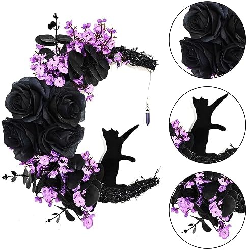 Black Rose Halloween Wreath with Lights, Crescent Moon Cat Wreath