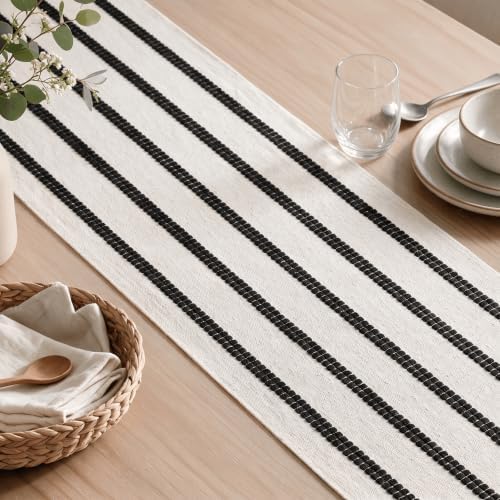 Artoid Mode Black Farmhouse Woven Stripe Table Runner, Seasonal Holiday Boho Rustic Kitchen Dining Table Decoration for Home Party Decor 12x72 Inch
