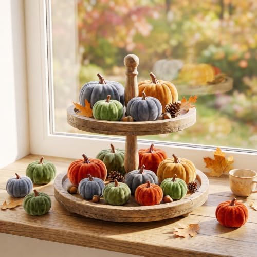 Weysat 24 Pcs Rustic Velvet Pumpkins Fall Thanksgiving Decor, Assorted Size