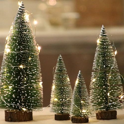 5PCS Small Christmas Trees, Bottle Brush Christmas Trees Mini Sisal Snow Frost Trees Pine Trees with Wood Base Tabletop Mini Christmas Village Tree for Holiday Decorations
