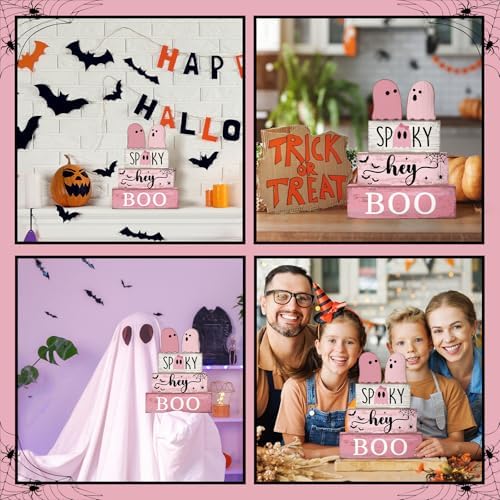 Lineshading 4 Pcs Pink Halloween Tiered Tray Decor, Wooden Ghost Signs