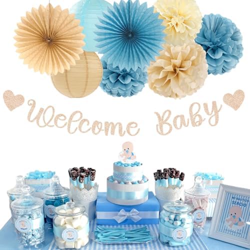Light-Dusty Blue Beige-Champagne Baby-Shower Party-Decorations - 31pcs Welcome Home Banner Sign,Boy Paper Lanterns,Neutral Streamers Garland,Boho Tissue Pom Poms Flowers Fans Backdrop Decor Burgleda