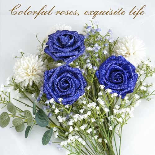 BLEUM CADE 36Pcs Artificial Flowers Glitter Roses with Stems for Wedding