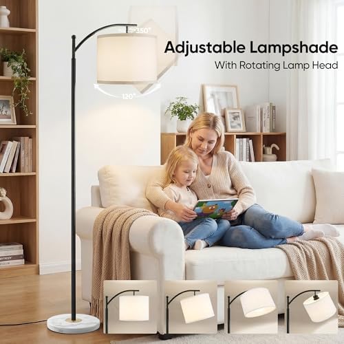 Floor Lamp for Living Room with Marble Base, Modern Standing Lamp with 3 Color Temperatures Bulb & Adjustable Linen