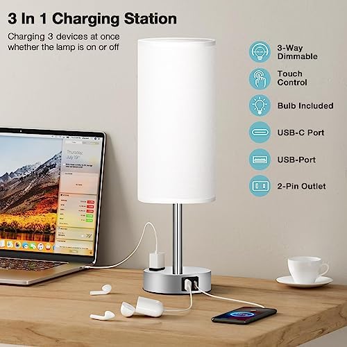 Fenmzee White Bedside Lamp for Bedroom, Dimmable Touch, USB A+C, AC Outlet