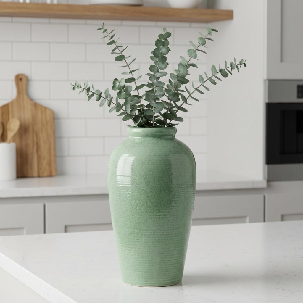 Ceramic Vase / Tall Modern Flower Vase for Pampas Grass / 11 Inch / Green