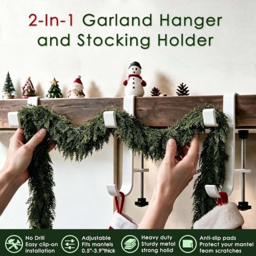 HMASYO 2-in-1 Christmas Garland & Stocking Holders for Mantle Set of 4, White Adjustable Low-Profile Fireplace Hangers with Dual Hooks, Metal Stocking Hooks for Garland, Fits 0.5”-3.4”Mantels