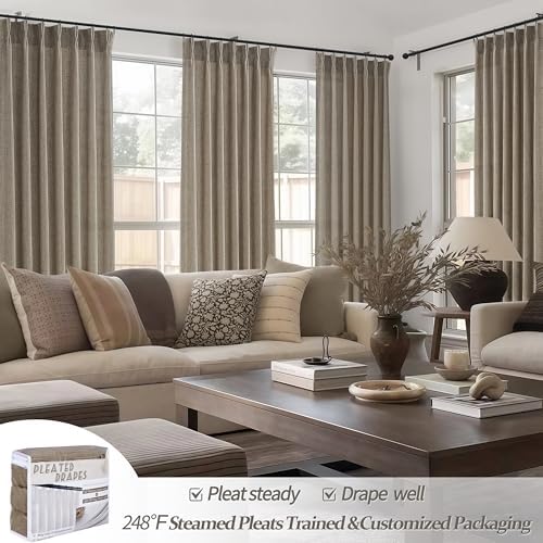Extra Long Semi Through 120 Inch Curtains 2 Panels for Living Room, Modern Dark Flax Memory Trained Pinch Pleated Light