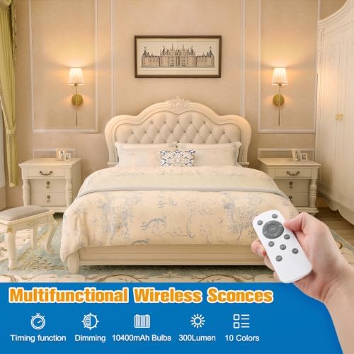 NIORSUN 19.9 inch Battery Operated Wall Sconce Set of 2,Beige Gold Rechargeable Wall Lights with 10400mAh Dimmable