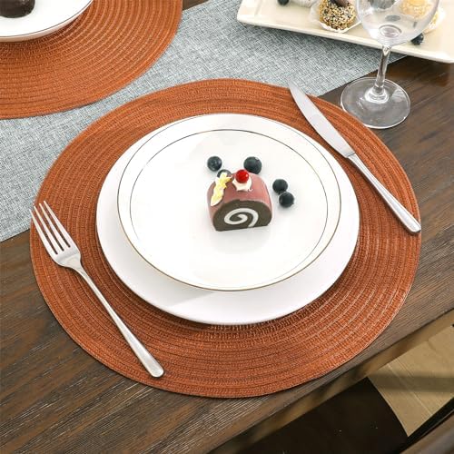SHACOS Round Placemats Set of 6 Washable 15 inch Round Placemat Cotton Polyester Woven Braided Table Place Mats for Dining Table Decor, Dark Orange