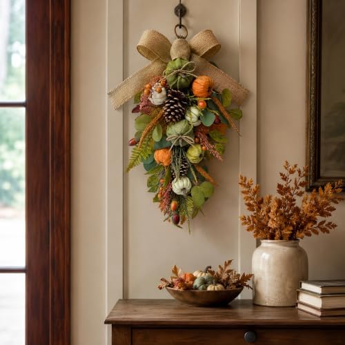 Svndlyn 25 Inch Fall Teardrop Swag with Burlap Bow, Pumpkins and Pinecones