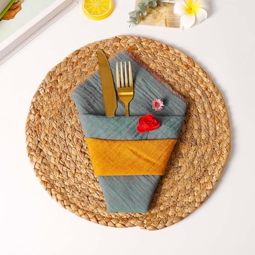 10 Pack Cloth Napkin Double-Layer 100% Cotton Table Dinner Napkins AB Surface Washable & Reusable Cloth with Elegant Fringe for Thanksgiving Day, Home Decor, Family Event Parties(Yellow-Grey)
