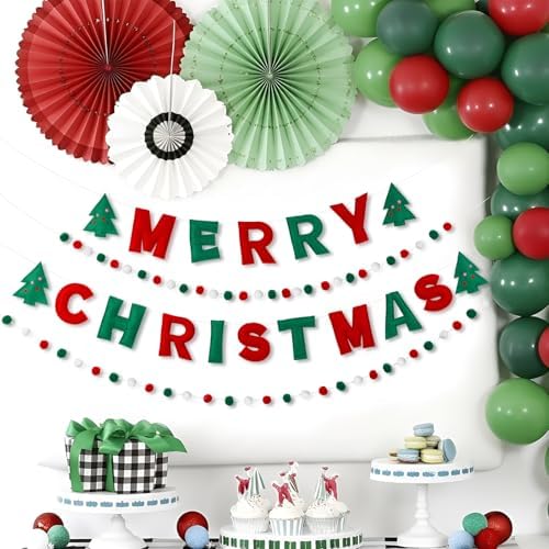 Mindsoft 4 Pcs Felt Merry Christmas Banner Pom Pom Garland for Mantel