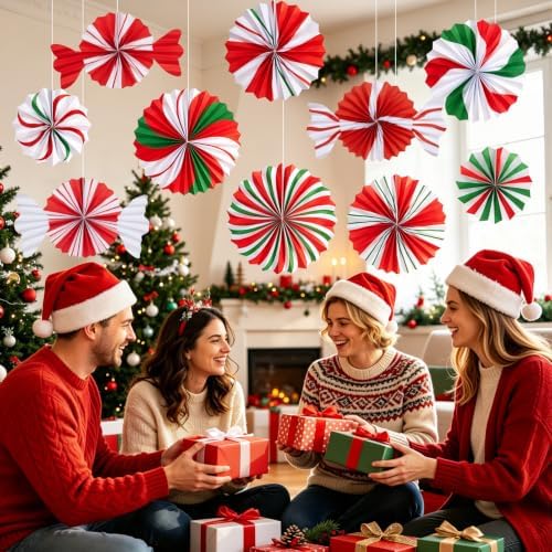 SUNBEAUTY Christmas Hanging Paper Fans Decoration Candy Peppermint Paper Christmas Decoration Candy Party Classroom Decor White and Red Xmas Ceiling Birthday Party Bulletin Board Office Decor