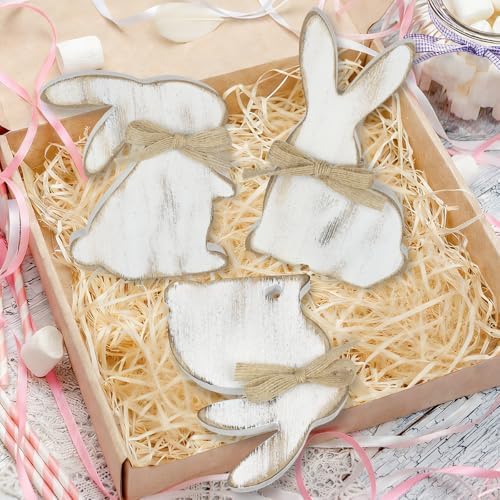 3Pcs Easter Decorations, Farmhouse Wooden Bunny Table Decor Rustic Rabbit Centerpieces Sign for Home Tiered Tray Mantel Office Party Supplies (White)