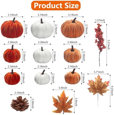 21 PCS Fall Artificial Velvet Pumpkins Set, Fake Fabric Pumpkin Faux Foam Pumpkins, Orange Khaki White Pumpkin Decorations for Fall Harvest Thanksgiving Farmhouse Mantel Centerpiece
