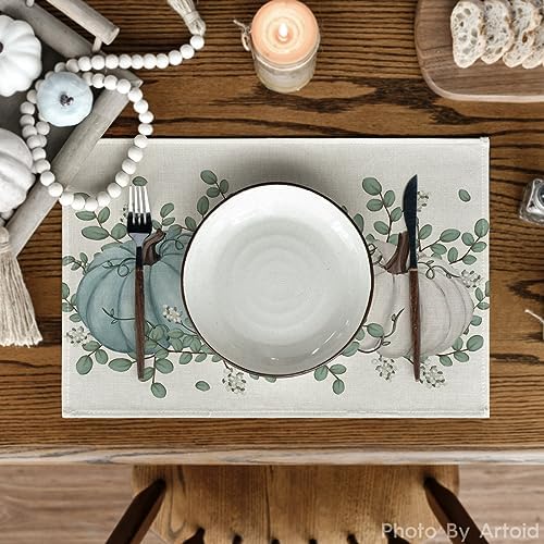 Artoid Mode Pumpkins Eucalyptus Leaves Fall Placemats Set of 6, 12x18 Inch Autumn Thanksgiving Holiday Table Mats for Party Kitchen Dining Decoration