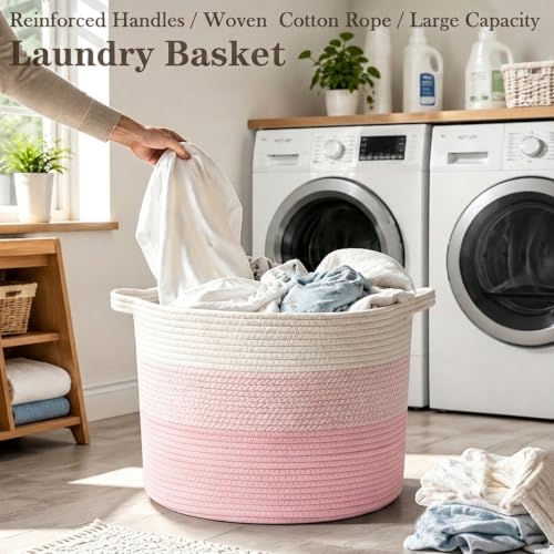 65L Large Blanket Basket,Woven Rope Laundry Basket-Mixed Pink