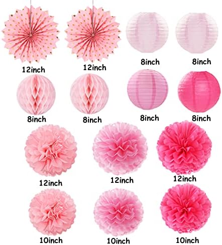 Rose Hot-Pink Valentines-Day Party-Decorations Streamers - 14pc Girl Birthday Baby Shower Paper Lanterns Fan,Tissue Pom Poms,Honeycomb Balls,Bachelorette Bridal Wedding Supplies Decor Lasting Surprise