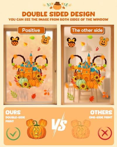 Fall Window Clings - 9 Sheets 149 Pcs Fall Decorations for Autumn Thanksgiving Harvest Home Party, Pumpkin Leaves Car Maple Castle Acorns Stickers for Glass, Double-Sided Static Window Decals