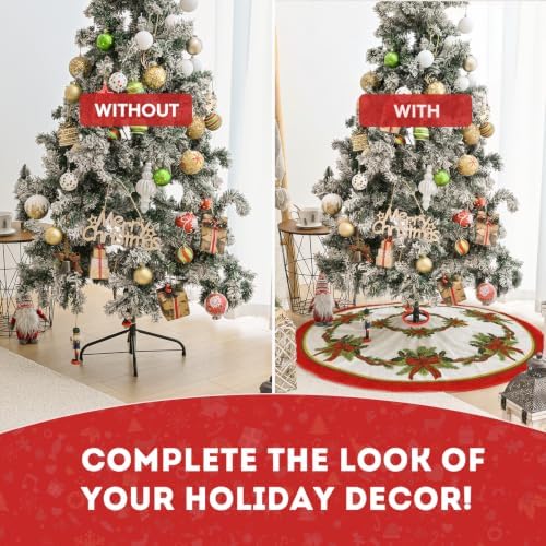 AVOIN colorlife Christmas Tree Skirt 48 Inch, Christmas Ribbon Holly Winter Holiday Tree Mat Decoration