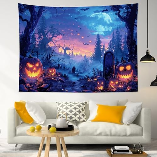 LB Spooky Halloween Tapestry Horror Pumpkin by Cemetery in Forest Wall Tapestry Scary Moon Night Tapestries for Bedroom Living Room College Dorm Wall Decor,78Wx60H inches